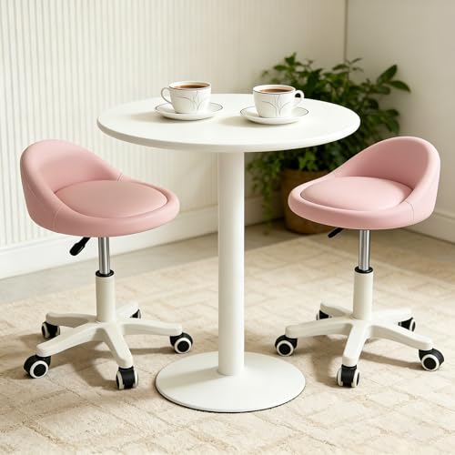 Image of Rolling Stool Chair with Backrest, Round PU Leather Adjustable Height Hydraulic Swivel Rolling Stool for Spa Salon Tattoo Massage Doctor Dental Medical Office Pink Set of 2