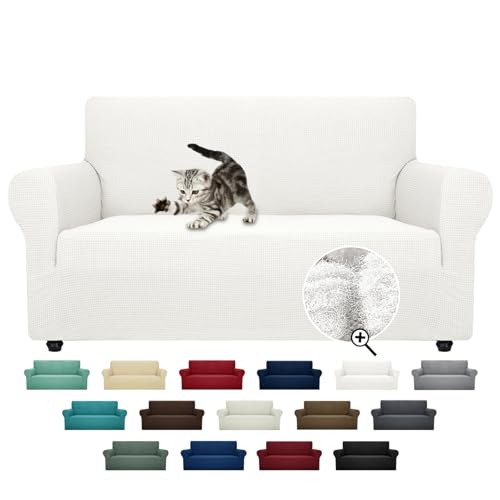 ZNSAYOTX Super Stretch Couch Cover Love Seat Sofa Covers for Living Room Dogs Pet Friendly Furniture Protector Spandex Loveseat Slipcovers with Anti Slip Foam Sticks (White, Loveseat)