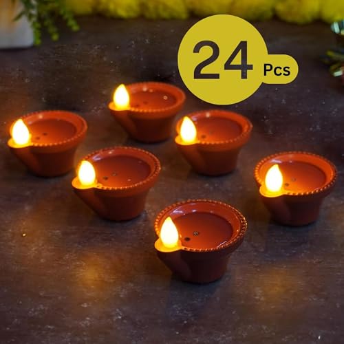 Image of Ein Sof Water Sensor Electric Diya 24 Pcs - LED Diya for Home Decoration, Smokeless Flameless Artifical Lights for Diwali, Birthday and All Occasions