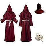 Aitsite Disfraz de Monje Sacerdote, Túnica Medieval Renacentista con Collar de Cruz y Cinturón, Capucha, Disfraces de Sacerdote para Carnaval Cosplay Party.(Rojo-S)