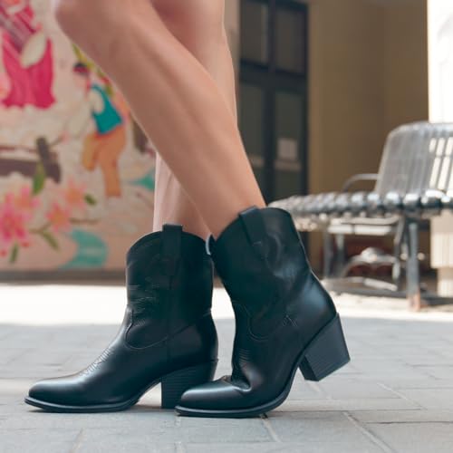 Image of IXU Cowboy Boots for Women Ankle Cowgirl Booties Wide Mid Calf Pointed Toe Western Boots Short Chunky Classic Booties