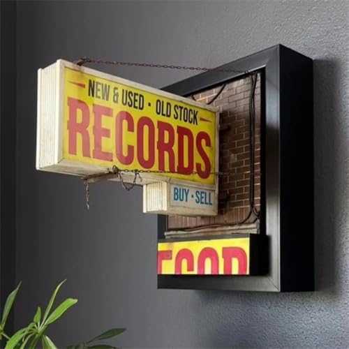 Record Store - Lámpara de pared retro, 7.5 x 5 pulgadas, letrero en miniatura 3D, luz nocturna de tienda de música retro, luz nocturna LED para pared, para habitación estética y tienda de música