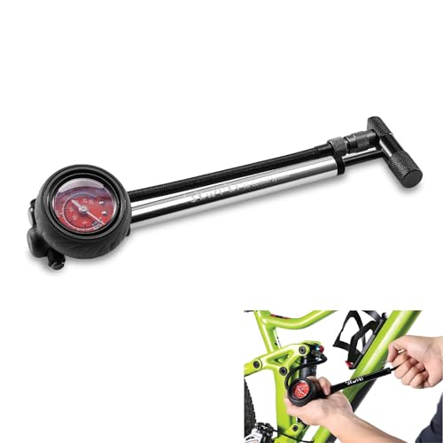 SKWIKI Bike Shock Pump 400 PSI Max â€“ High Pressure Suspension Fork & Rear Shock Pump Mountain Bike, No-Loss Schrader Valve, Analog Gauge for MTB & Air Forks, Silver