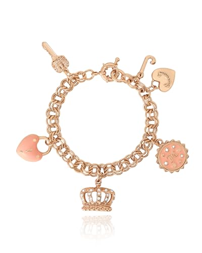 Juicy Couture Charms Bracelet with Clear Stones, 7.5" Goldtone Bracelet for Women Featuring 6 Pink and Gold Charms