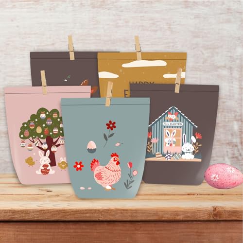 PANSIBY Geschenktüten Ostern, Osterhasen Tüten zum Verzieren und Befüllen, 12 DIY Blau Rosa Gelb Bedruckte Ostertüten mit Holzklammern