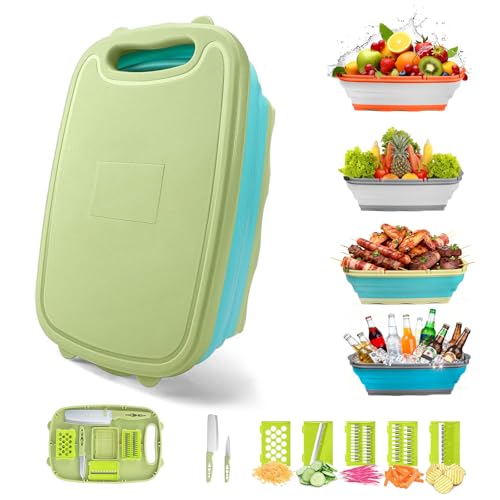 Image of Gintan Camping Cutting Board, 9-in-1 Collapsible Chopping Board with Colander, Kitchen Vegetable Washing Basket for Camping, Camping Gifts Camping essentials for RV Campers (Blue Green)