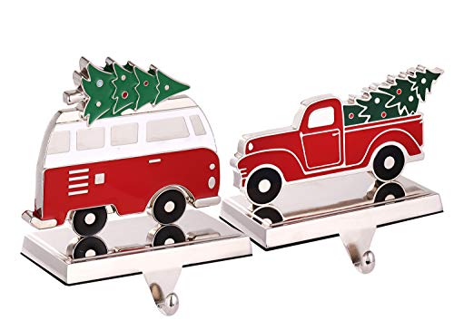 Set Of 2 Christmas Stocking Holder For Mantel Christmas Decoration,Metal Red Truck With Christmas Tree Stocking Hangers For Fireplace Xmas Decoration Supplies (Truck And Bus) #TOP6