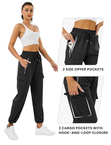 Friptspyg Outdoor Hosen Cargohose Damen Leichter Trekkinghose Wanderhose Schnelltrocken Wasserdicht Einstellgurt Sportlich Jogginghose mit Taschen,Schwarz S