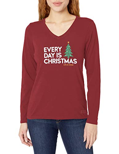 Life is Good Womens Long Sleeve Crusher Holiday Graphic V-Neck T-Shirt, Cranberry Red, Small