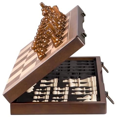 OUMODA 15 inches Magnetic Wooden Chess Set for Adults Kids Wood Folding Chess Board with Handmade Chess Pieces Including 2 Extra Queens Portable Travel Chess Game Tournament Professional Beginner Cover
