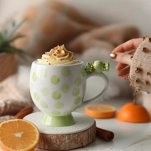 Image of DIF DECO Mugs Ceramic Handmade Candy Shape Cute Coffee Mug Unique Holiday Mug with Handle Hot Cocoa Cup Perfect for Tea & Coffee Lovers, Gifts for Family Friend or Children 12 OZ (Green Dots)