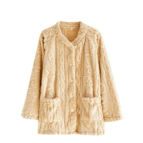 Oplxuo Plush Bed Jackets for Elderly Women Cozy Fuzzy Fleece Pajama Tops Button Up Sleepwear Long Sleeve Coats with Pockets Yellow