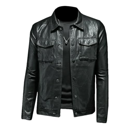 Veste en cuir synthétique homme noir manteau court col rabattu