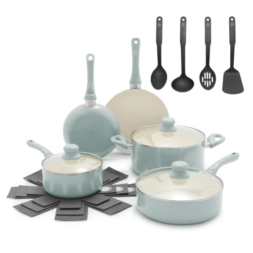 Image of GreenLife 16pc Ceramic Nonstick Pots & Pans Cookware Set, Mint Green | PFAS-Free Nonstick Coating, Stockpot, Frying Pans, Saucepan, Saute, Induction Ready, All Stovetop Compatible, Dishwasher Safe