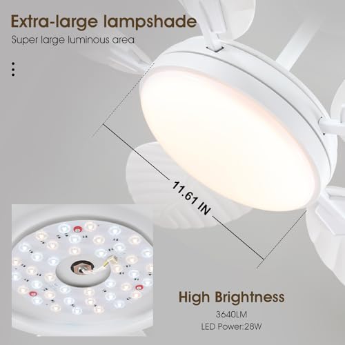 PHORUS 52" Palm Leaf Ceiling Fan with Lights, White Tropical Outdoor Ceiling Fan with Remote/APP for Bedroom Patio,Dimmable 3 Colors 6 Speeds - Image 6