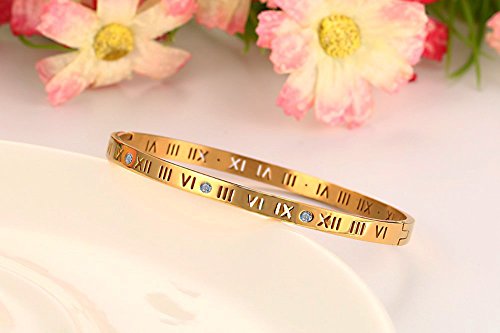 Winnie Women's Stainless Steel Rhinestone Roman Numerals Bracelet, Rose Gold, Gold, Silver, Width 4.55Mm. Diameter 60Mm (Gold) #TOP4