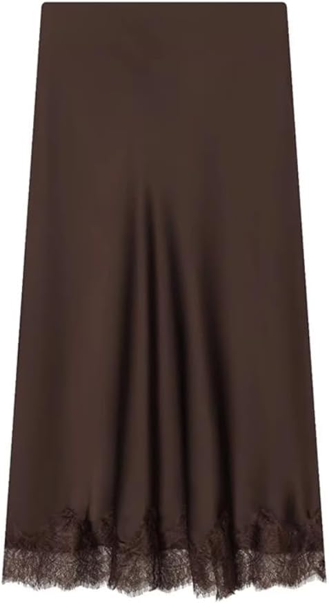 Women's Satin Half Slip Skirt, Lace Trim Elastic Waist Underskirt Lining Skirt