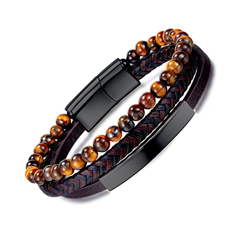 Tiger Eye Leather Bracelet Beaded Bracelet for Men Leather Bracelet - Many Layer Black Leather Bracelets Wristband with Adjustable Spiritual Jewelry, Trendy Design Gift for Men