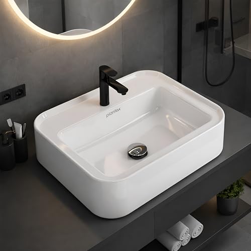 Image of Plantex Ceramic Wash Basin /One Piece Basin for Bathroom with 10 Years Glaze Warranty by Plantex /Table Top Washbasin for Home /Office /Hotels (White - 20.5 x 17 x 5 Inch)