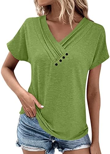 Womens T Shirts,2023 Dressy Casual Summer V Neck Short Sleeve Button Tops Cotton Basic Tee Solid Color Blouse Plus Size Loose Fit Lightweight Comfy Pullover Office Daily Wear(A-Green,XL)