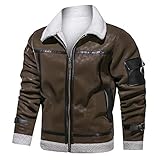 HYISHION Herren Pilot Lederjacke Winter Vintage Bomber Fliegende Jacke Pelzkragen Retro Biker Style,Braun,XL
