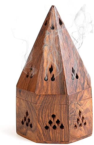 Dinil - 5 Inch Temple Wooden Charcoal / Cone Burner - Top Cone Shape, Handcrafted Wooden Incense Burner Box Temple Shape #TOP2