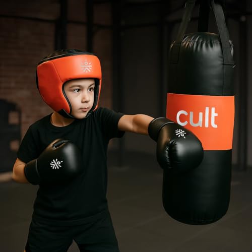 Image of Cult Kids Boxing Kit with Punching Bag, Gloves & Headgear - Durable PU Leather, Safe & Comfortable Training Set for Boys & Girls Ages 5-10 - Ideal for Fitness, Discipline & Fun - Orange