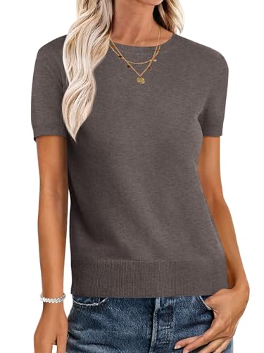 Image of ANRABESS Womens Short Sleeve Sweaters Wool Blend Crew Neck Sweater Shirts Business Casual Work Tops 2026 Summer Outfits Coffee M
