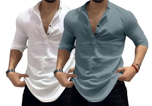 Image of MiraMichi Men's Cotton Blend Kurta | Kurta for Men Stylish Casual Short Kurta | Half Kurta Shirt Daily Use for Summer Season | Mandarin Collar Cotton Kurta's for Man Comfort