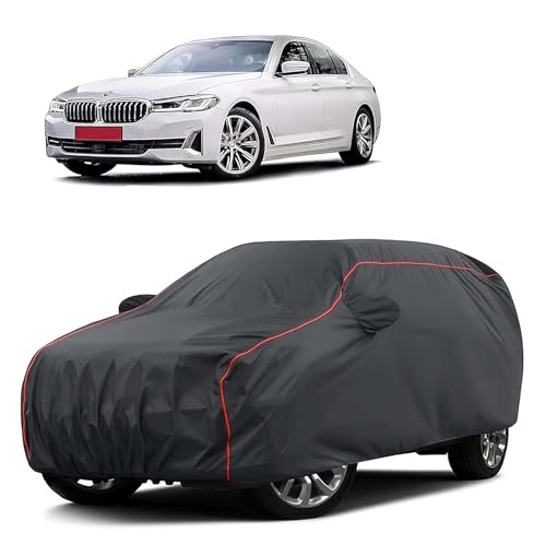 Image of Sulfar 100% Water Resistant Car Body Cover Compatible with Mirror for BMW 5 Series (Triple Stitched, Full Bottom Elastic, Dark Grey Taffeta with Red Piping)