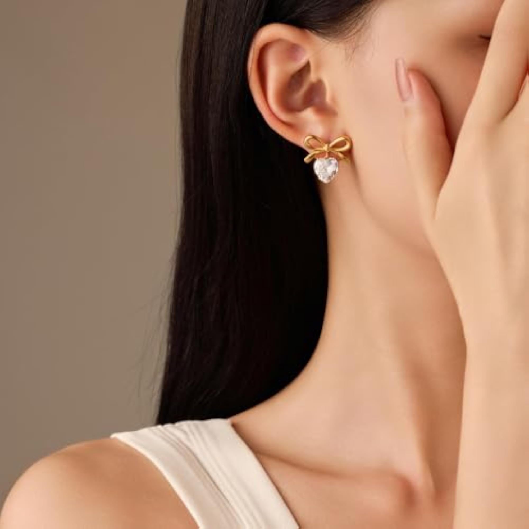 Women's 18K Gold Plated Bow Heart CZ Drop Earrings, Gift for Her