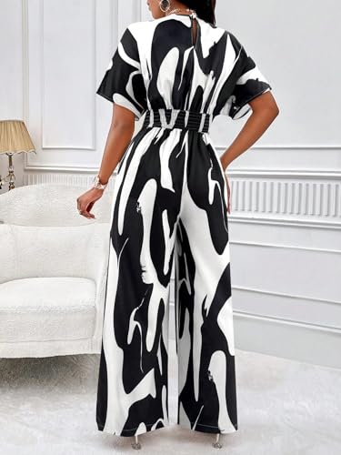 Image of PerZeal Women's V-Neck Short Sleeve Printed Jumpsuit with Pockets - Casual Wide Leg One-Piece Romper for Summer(S-XXL)