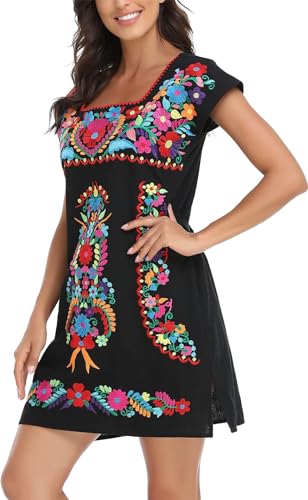 Image of YZXDORWJ Women Mexican Embroidered Dress Ruffle Collar Sleeveless