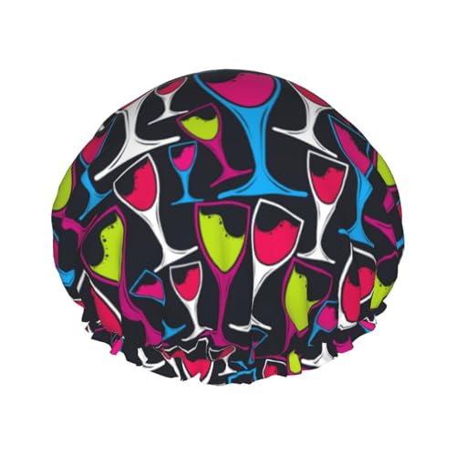 Gorro de ducha de doble capa con estampado de copa de vino colorido, reutilizable, impermeable, gorro de ducha grande para mujer, gorro de ducha para ducha con forro de Peva y cuerda elástica