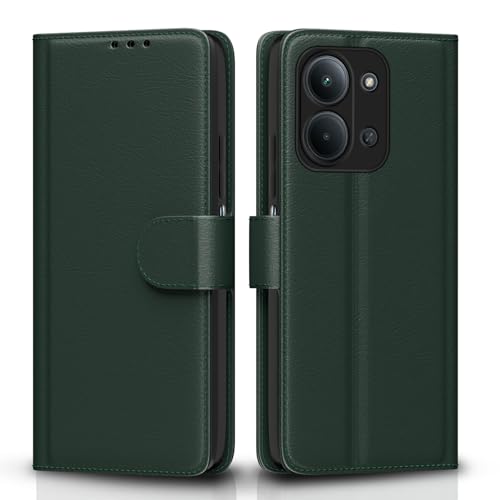 Image of Pikkme Flip Cover for Redmi 15C 5G Leather Finish | Inside TPU with Card Pockets | Wallet Stand and Shock Proof | Complete Protection Flip Case (Green)