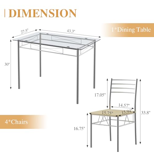 Image of VECELO Dining Table Set for 4, 5-Piece Glass Kitchen Table with Chairs for Small Space, Breakfast Nook, Space-Saving, Silver