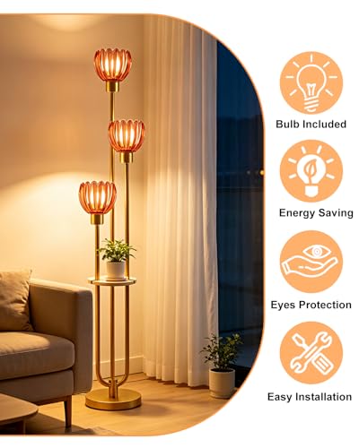 Image of Lightdot 3-Lights Glass Floor Lamp for Living Room Modern Gold Floor Lamps with Lotus Deep Red Glass Shade& Bulbs Included for Wedding /Party Tall Standing Lamp for Bedroom /Sofa Beside /Corner Decor