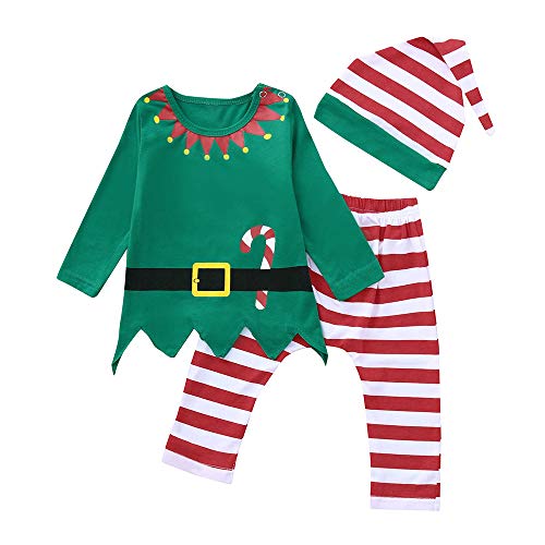 Preisvergleich Produktbild Hirolan Kleinkind Weihnachtsoutfit Babykleidung 3 Stück Baby Jungen Overall Festliche Mädchenkleider Säugling Langarmshirt Kinder Strampler Bedrucken Strampler+Strumpfhosen+Streifen Hut (Grün 3, 90)