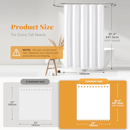 BTTN Extra Long Shower Curtain, 72x96 Inch Long Boho Chic Linen Fabric Heavy Duty Shower Curtain Set with Plastic Hooks, Tall Modern Farmhouse Aesthetic Tassel Cloth Shower Curtain for Bathroom, White by BTTN - Image 3