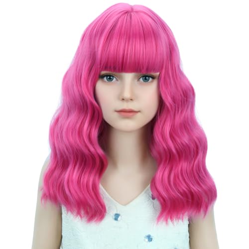 Image of Hot Pink Wig Short Hot Pink Wavy Curly Wigs Pink Wig with Air Bangs ynthetic Cosplay Hair Wig