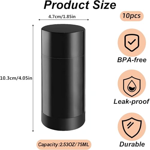 meleg otthon 10 Pcs Empty Deodorant Containers 2.5 oz/75 ml Twist Up Refillable Deodrant Containers Leak Proof Black Deodorant Bottles Round Lip Balm Tubes for DIY Lipstick Crayon by meleg otthon - Used condition - Image 2