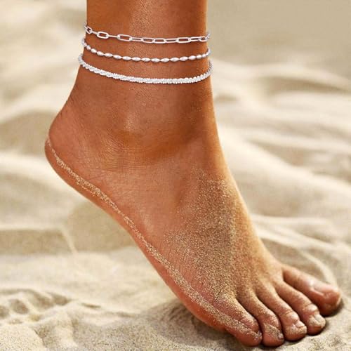 Image of Gold Ankle Bracelets for Women,14k Gold /Silver Plated Waterproof Layered lightweight Cuban Link Figaro Chain Heart anklet Bracelets Set Gold Anklets for women Trendy Jewelry Gift
