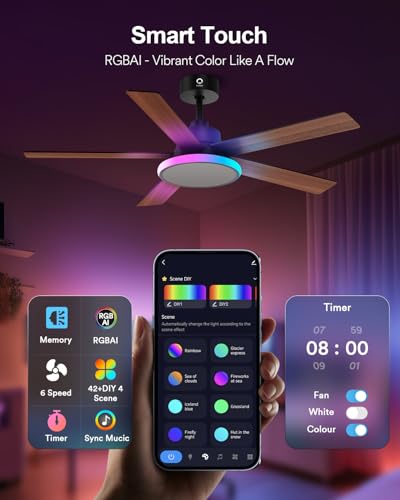 Image of Lumary 52'' Smart Ceiling Fan with RGBAI Lights Remote, WiFi Bluetooth Low Profile Ceiling Fan with Alexa Google App, Dimmable & Color Tuning, 46 Scene, Modern Flush Mount for Bedroom Living Room