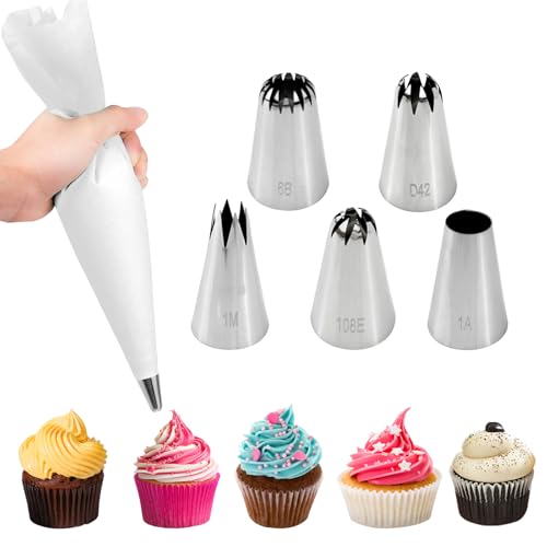 Manga Pastelera Reutilizable,5 Boquillas de Acero Inoxidable y Manga Pastelera 30 cm, Juego de Mangas Pasteleras, Reutilizable y Apta para Lavavajillas, para Decoración de Tartas y Cupcakes, Galletas