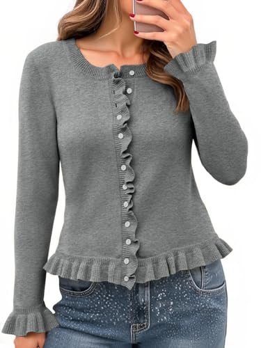 Image of Saodimallsu Womens Ruffle Cardigan Sweaters Button Up Crew Neck Long Sleeve Cropped Sweater Cute Soft Knit Tops