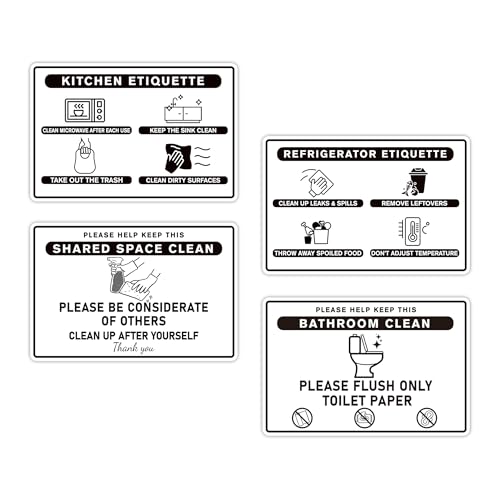 4PCS Bathroom and Kitchen Rules Sign, Self-adhesive Waterproof Please Clean Up...