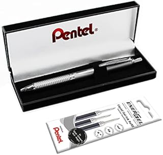 Pentel EnerGel Sterling BL407-A - Retractable Liquid Gel Ink Pen - 0.7mm - Silver Body - With Gift Box and 2 Black Ink Refills