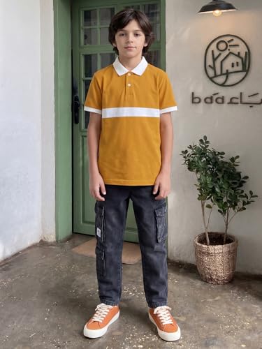 Image of Li'l Tomatoes Boys Polo T-Shirt 100% Cotton Pique Tee | Color Block Stripe Printed Collar Neck T-Shirt | Soft & Breathable Casual Summer Wear | Half Sleeve Stylish Polo Tee | Mustard | 9-16 Years