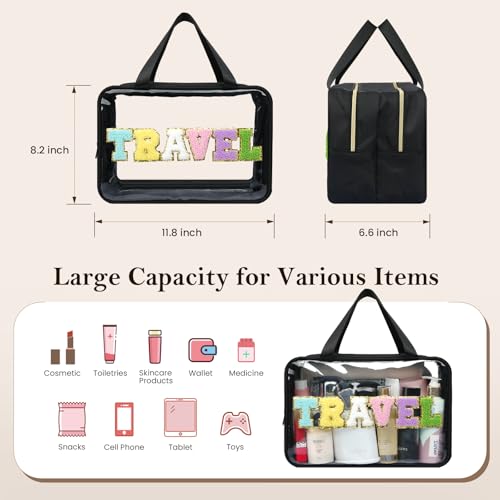 Yowivon Extra Large Travel Pouches for Toiletries, Waterproof Preppy Makeup Spf Sunscreen Skin Care Snack Bag, Clear Tote Bag for Beach, Camping, Business Trips, Swimming, Stadium Event, Black, XL2
