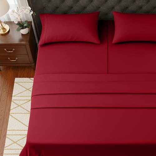 Image of Elegant Comfort Luxurious 1500 Premium Hotel Quality Microfiber Three Line Embroidered Softest 5-Piece Bed Sheet Set, Wrinkle and Fade Resistant, Split King, Burgundy
